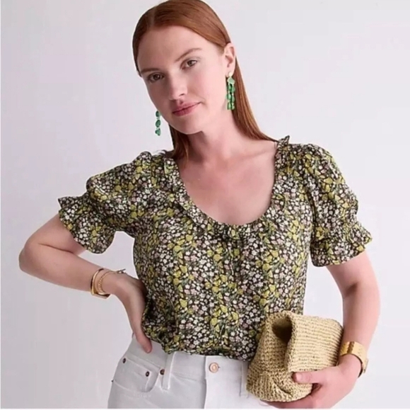 J. Crew Tops - J. Crew XS Ruffle Featherweight Satin Scoopneck Top Floral Stripe